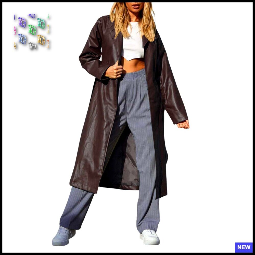 Faux Leather Trench Coat Elegant Casual Long Belted Lapel Open Front